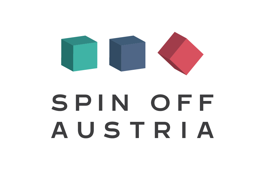 Logo Spin-Off: three squares, green, blue and red and the words Spin Off Austria