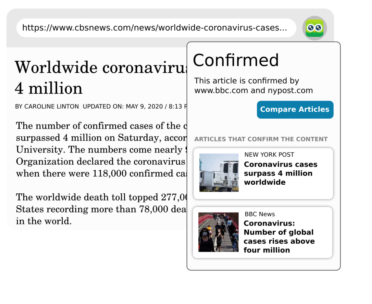 Example of service: Article online with box stating the confirmed content proved by other pages
