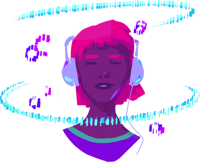 animated woman with headphones listening to music